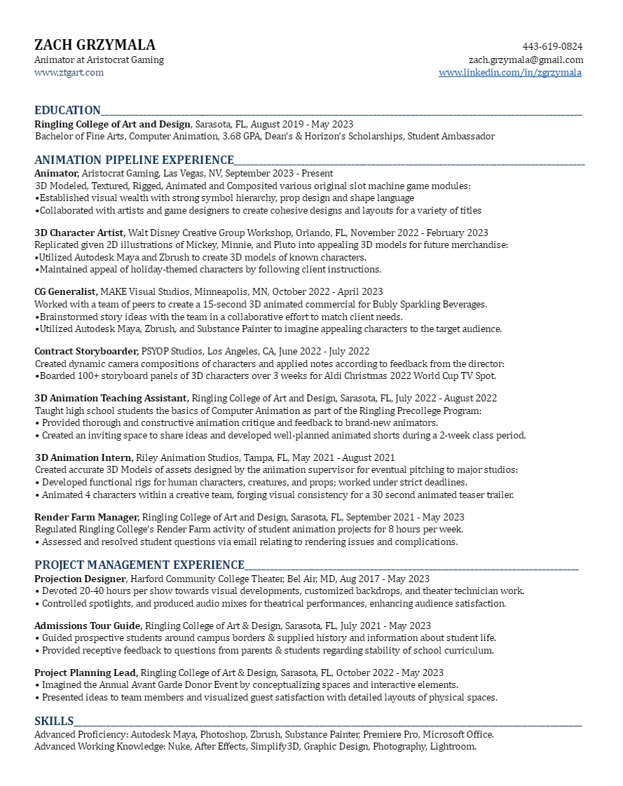 Zach Grzymala — resume